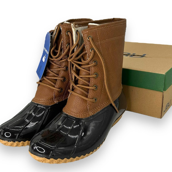 NEW JBU Duck Boots Size 9.5 Brown & Blue Lace Up Short Rain Boots Booties NWT - Picture 1 of 10